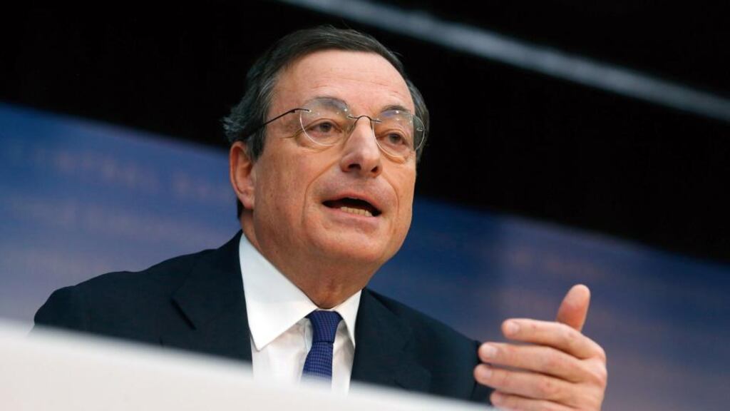 Mario Draghi, president of the European Central Bank (ECB), speaks during a news conference at the bank’s headquarters in Frankfurt, earlier this year. Photographer: Ralph Orlowski/Bloomberg
