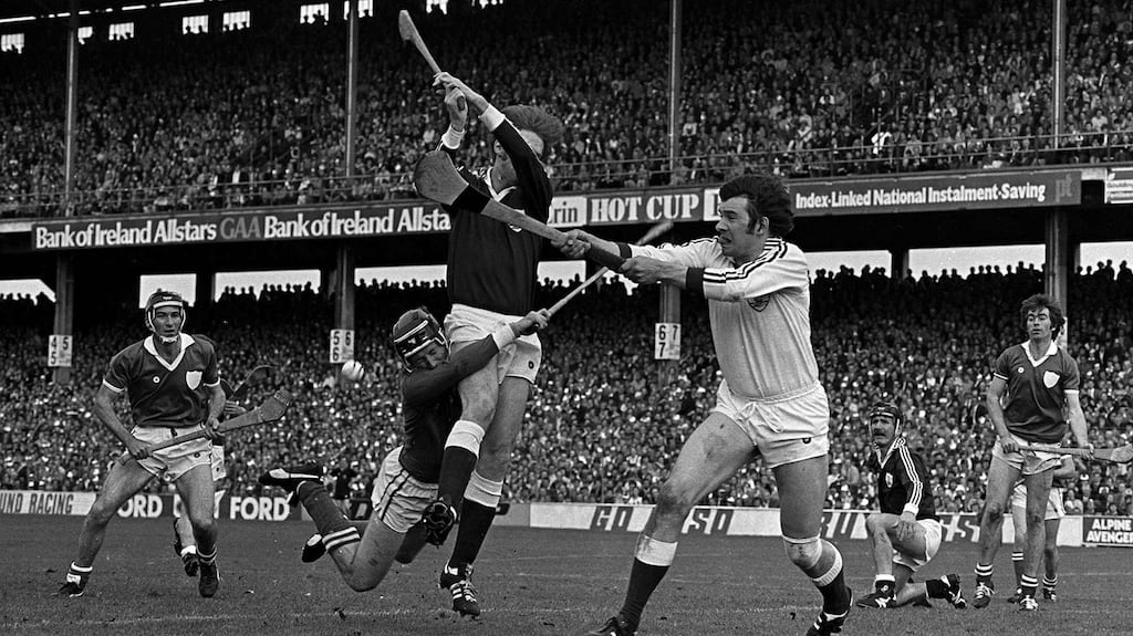 Galway goalkeeper Michael Connelly blocks the ball to keep the Limerick attack at bay during the 1980 All-Ireland hurling final at Croke Park. Photograph: Ray McManus/Sportsfile