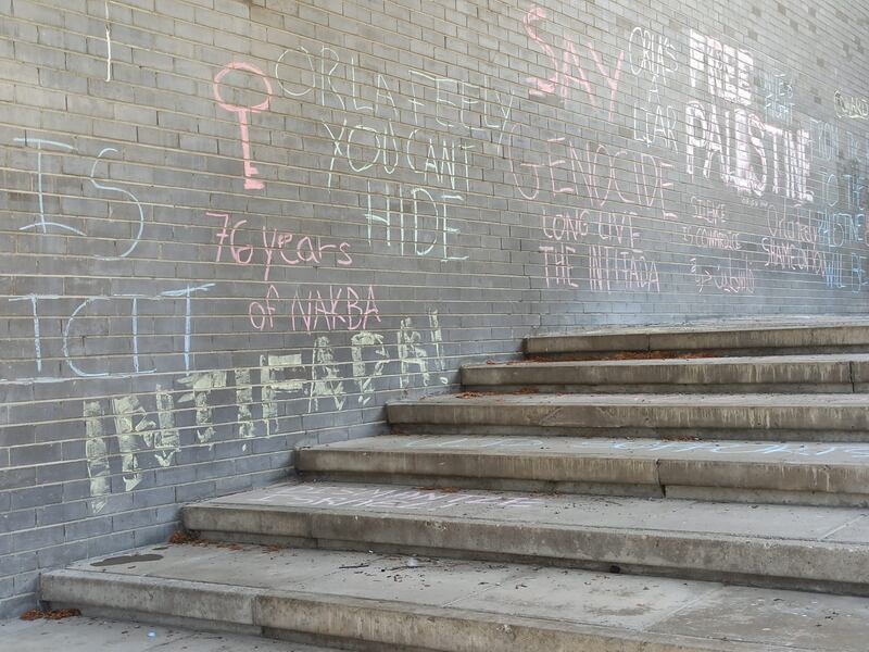 Some of the slogans chalked walls at UCD this week.