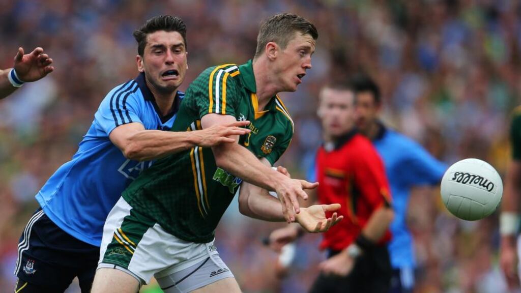 Meath captain Kevin Reilly is tackled by Dublin’s Bernard Brogan in the recent one-sided Leinster football final in Croke Park. Meath now face a 5pm throw-in against Armagh on Saturday.