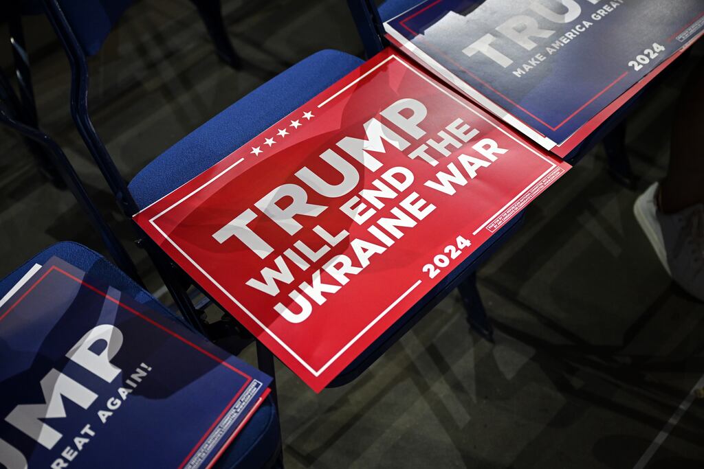 Signs at the Republican National Convention on July 17th in Milwaukee. Volodymyr Zelenskiy spoke to the US Republican presidential candidate Donald Trump amid concerns he could cut US support for Kyiv. Photograph: Leon Neal/Getty
