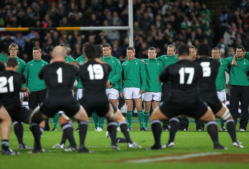 Ireland's Andrew Trimble, Brian O'Driscoll, David Wallace, Ronan O'Gara, Gordon D'Arcy, Geordan Murphy, John Fogarty and Rob Kearney face the All Blacks' haka in 2010. Photograph: Billy Stickland/Inpho