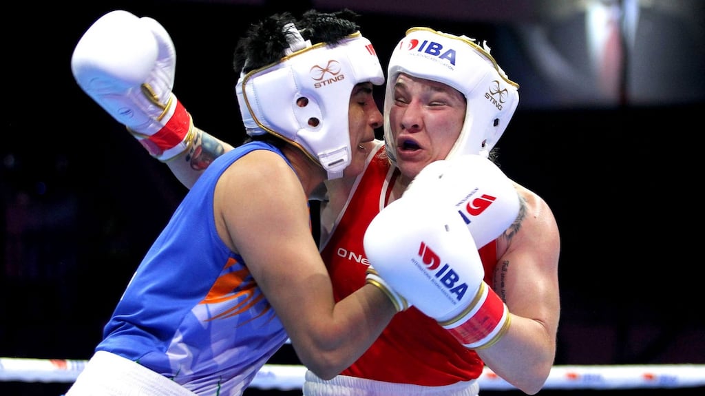 Ireland’s Amy Broadhurst in action against Parveen Hooda in the women’s light welterweight semi-final. Photograph: Aleksandar Djorovic/Inpho