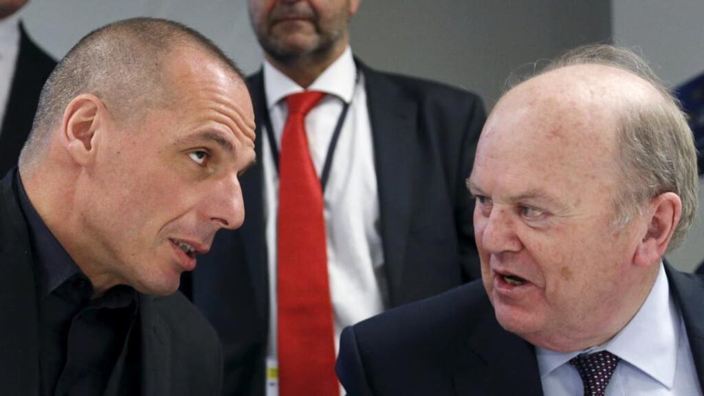 Greek finance minister Yanis Varoufakis talks to Minister for Finance Michael Noonan at an annual meeting of the European Stability Mechanism (ESM) board of governors ahead of a eurogroup meeting in Luxembourg on June 18th, 2015. Photograph: Francois Lenoir/Reuters