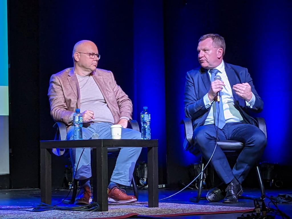 Kevin Callinan of Fórsa and Ibec's Danny McCoy at the Irish Labour History Society conference in Liberty Hall on Sunday.