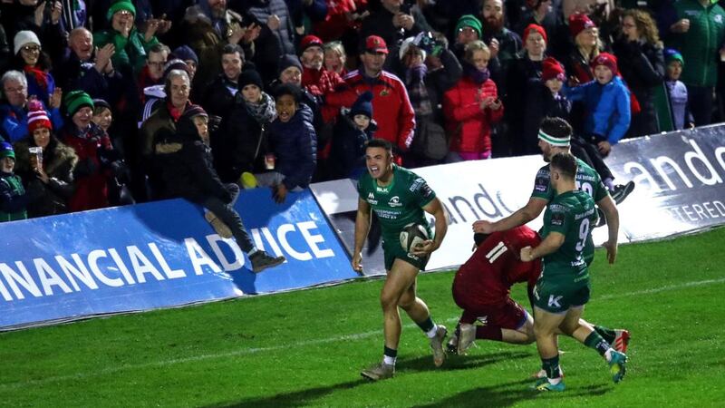 Cian Kelleher celebrates his early second half try against Munster. Photograph: James Crombie/Inpho