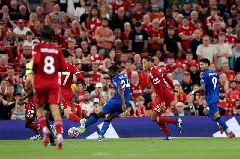 Antoine Semenyo scores his second goal. Photograph: Michael Steele/Getty Images