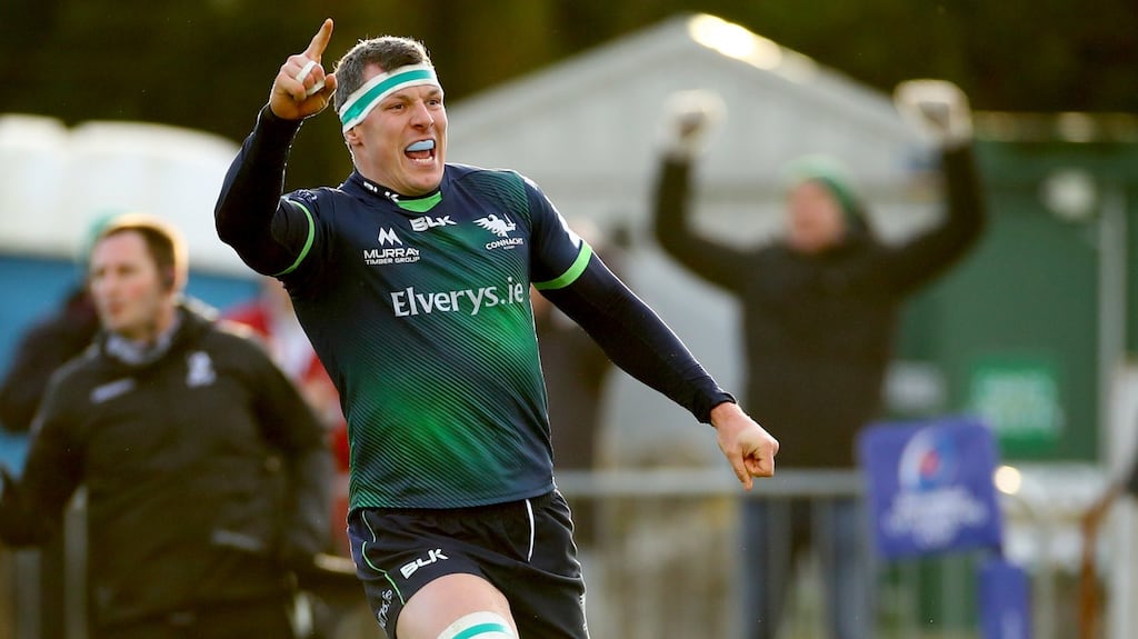 Connacht’s Robin Copeland celebrates after scoring the winning try. Photograph: James Crombie/Inpho
