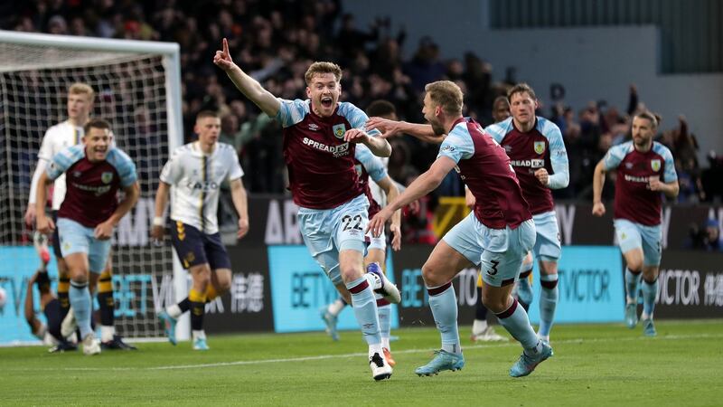 Nathan Collins celebrates after scoring Burnley’s opening goal in the Premier League game against Everton at Turf Moor. Photograph: Richard Sellers/PA Wire
