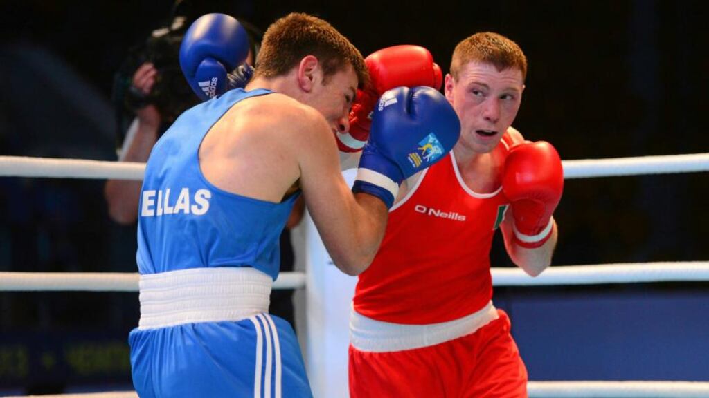 Ireland light welterweight Ray Moylette goes on the offensive in his fight against Greece’s Alexandros Tsanikidis at the AIBA World Boxing Championships in Almaty, Kazakhstan. Photograph: Paul Mohan/Sportsfile