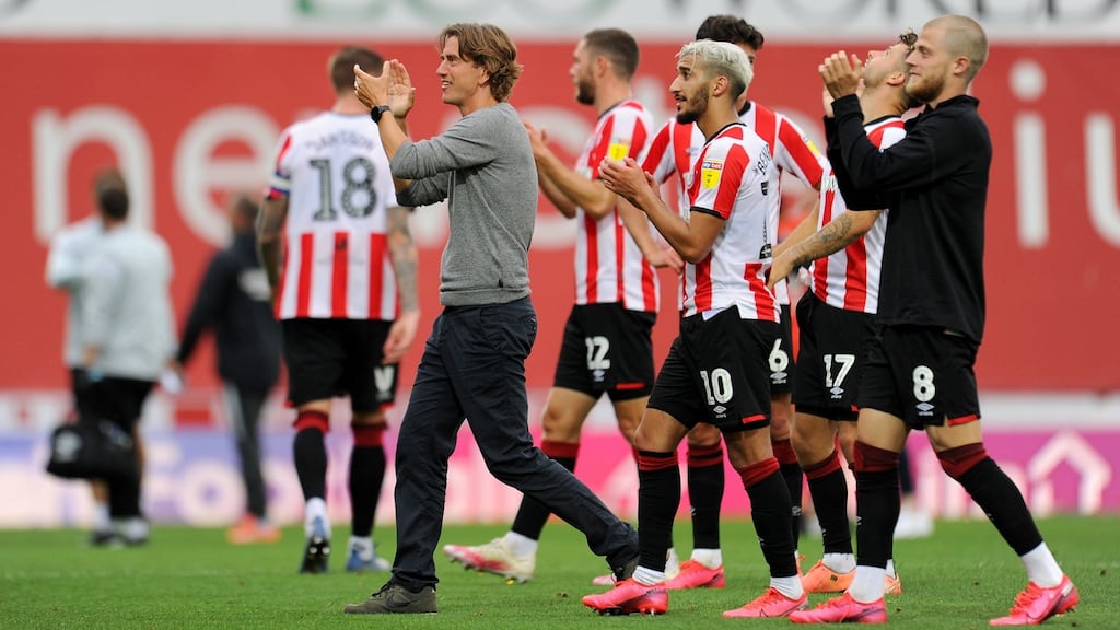 Brentford manager Thomas Frank shows his appreciation to the directors’ box at the full-time whistle of the Championship match against Preston North End at Griffin Park. Photograph: Alex Burstow/Getty Images