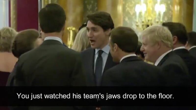 A huddle which included UK prime minister Boris Johnson and the princess Anne was filmed apparently gossiping about the US president’s unorthodox style on Tuesday night, although Mr Trump is not mentioned by name. Photograph: Screenshot from video