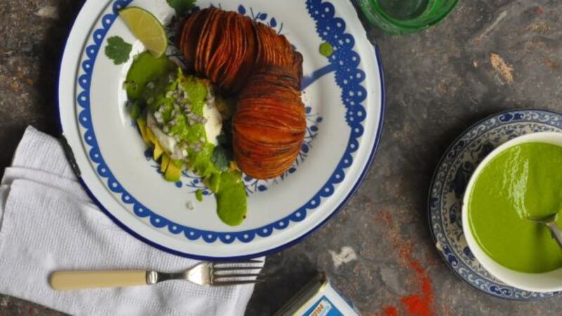 Lilly Higgins’s Hasselback potatoes with kale and coriander pesto