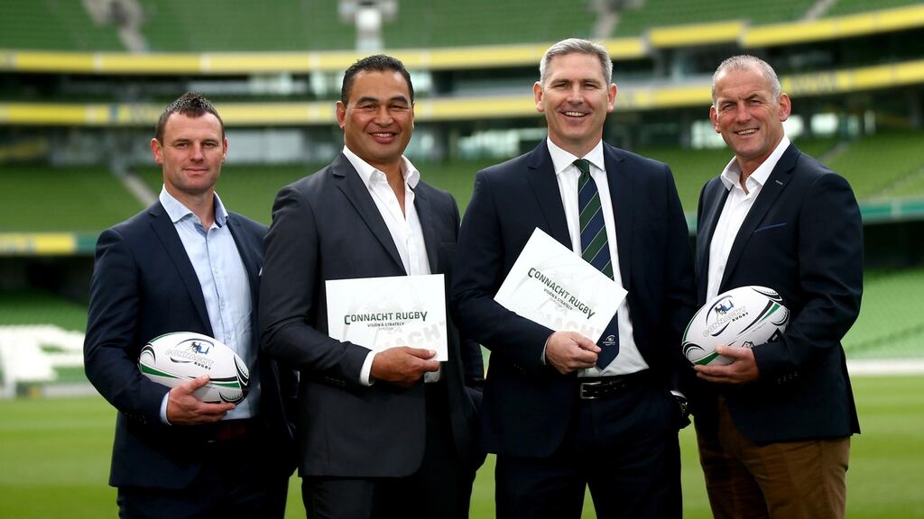 Connacht Rubgy Academy manager Nigel Carolan, head coach Pat Lam, chief executive Willie Ruane and domestic rugby manager Eric Elwood at the launch of Connacht Rugby Vision & Strategy 2016-2020 at the Aviva Stadium. Photograph: James Crombie/Inpho