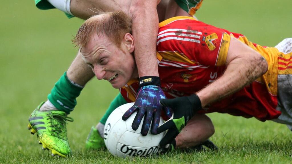 Castlebar’s Richie Feeney feels the pressure in the Connacht Senior Club football Championship semi-final at Tuam Stadium. Phtograph:James Crombie/Inpho.