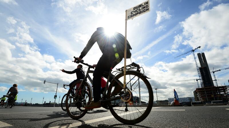 Dublin Cycling Campaign organised the Liffey Cycleway family cycle from Phoenix Park down the North Quays to the Point Village in Dublin. Photograph: Dara Mac Dónaill