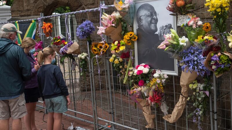 Tributes to Archbishop Desmond Tutu at St George’s Cathedral, Cape Town. Photograph: Stringer/EPA