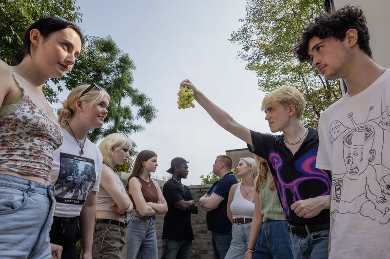 National Youth Theatre members Ella O’Callaghan, Cara Mooney, Daisy Hartigan, Sadhbh McDonagh, Max Mufwasoni, Samuel Ferrie, Julia Szarota, Caoimhe O’Farrell, Matthew Eglinton and Tristan Spellman Molphy rehearse for their production of Aftertaste. Photograph: Ste Murray