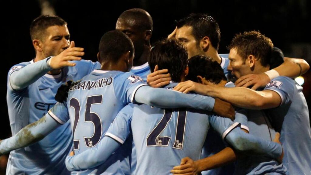 Jesus Navas of Manchester City celebrates his goal with teammates. Photograph: Tal Cohen/EPA