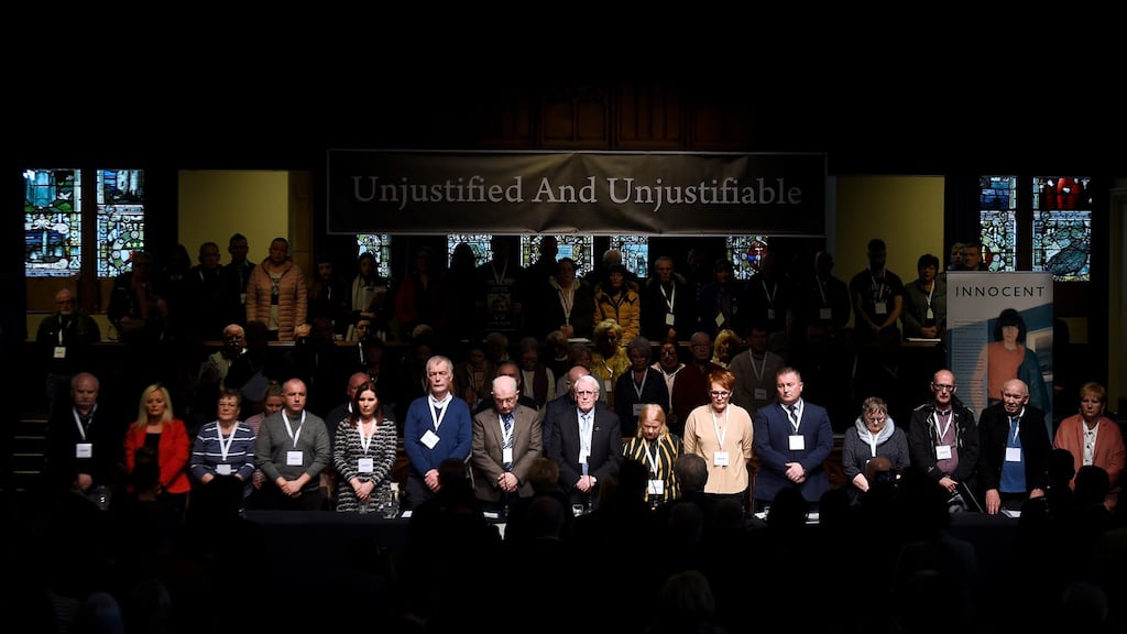 Above, earlier this year, a minute of silence for the victims of Bloody Sunday was observed during a news conference after the announcement of the decision whether to charge soldiers involved in the Bloody Sunday events, in Derry. Photograph: Clodagh Kilcoyne/Reuters