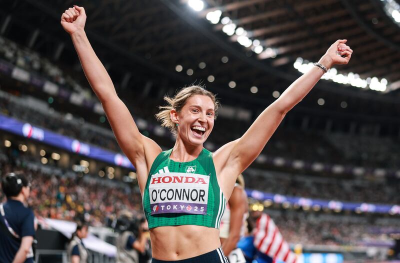 Ireland’s Kate O’Connor celebrates finishing second in her 200m heat, setting a new personal best. Photograph: Morgan Treacy / Inpho