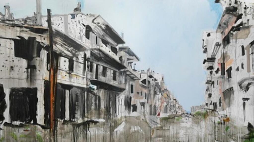 Brian Maguire – Aleppo 4, 2017, acrylic on linen, 200x400cm. Photograph: Guy Hassert/Courtesy of the artist and Fergus McCaffrey Gallery