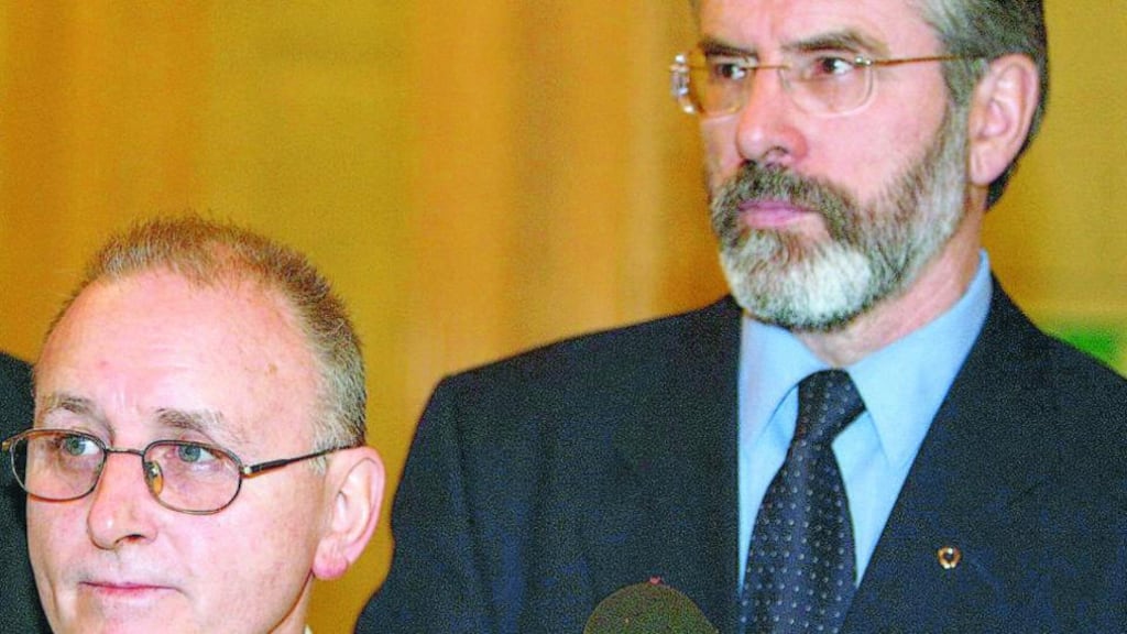 Denis Donaldson with Gerry Adams at Stormont in December 2005. File photograph: PA