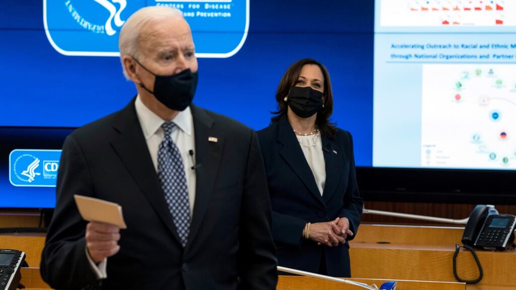 The US president Joe Biden and  vice-president Kamala Harris during a visit  to the Centers for Disease Control and Prevention in Atlanta on Friday. Photograph: Doug Mills/The New York Times
