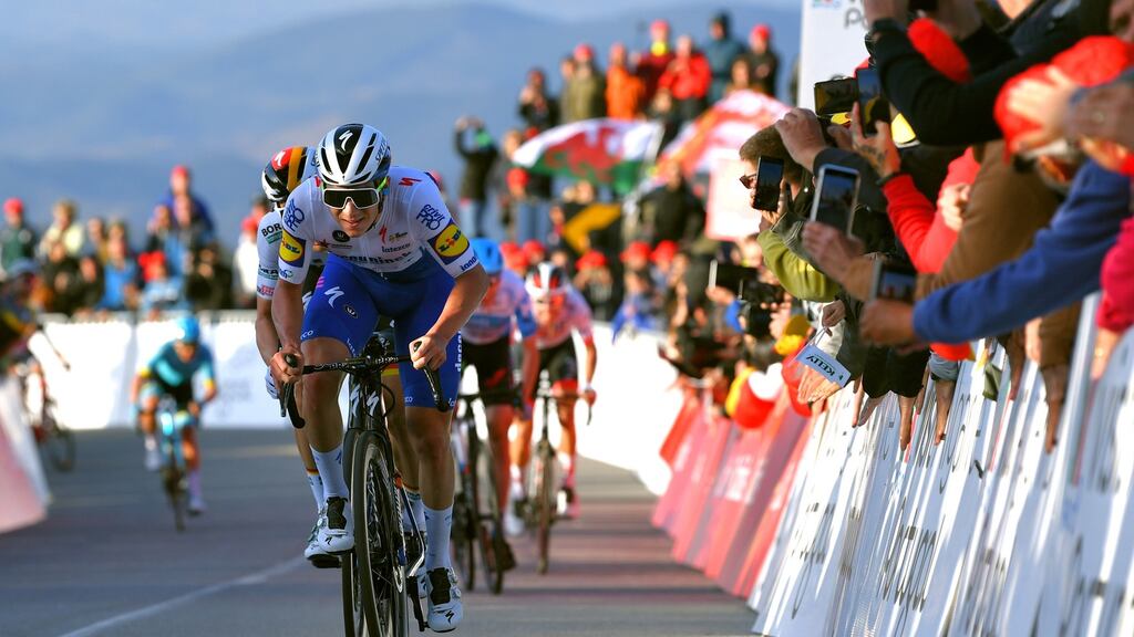 Remco Evenepoel of Belgium and Team Deceuninck arrives at the Volta ao Algarve stage two finish from Sagres to Alto da Fóia on Thursday. Photograph: Tim de Waele/Getty Images
