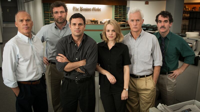 Michael Keaton, Liev Schreiber, Mark Ruffalo, Rachel McAdams, John Slattery and Brian d'Arcy James in Spotlight