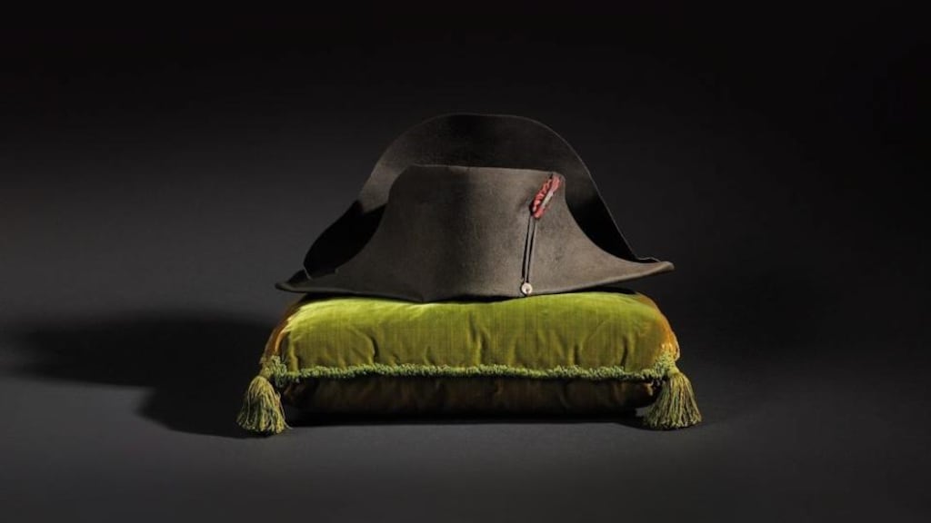 A two-cornered hat that belonged to French emperor Napoleon Bonaparte was sold to a South Korean bidder for €1.9 million at an auction near Paris today. The famous item was offered during the ‘Napoleonic Collection of the Prince’s Palace of Monaco’. Photograph: Bury Michel/Osenat Auction House/EPA.