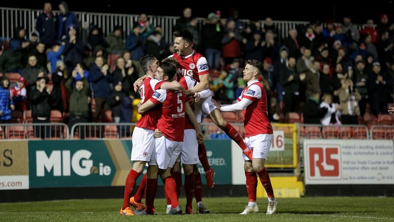 St Pat’s celebrate Billy King’s goal against Cork City. Photograph: Brian Reilly-Troy/Inpho