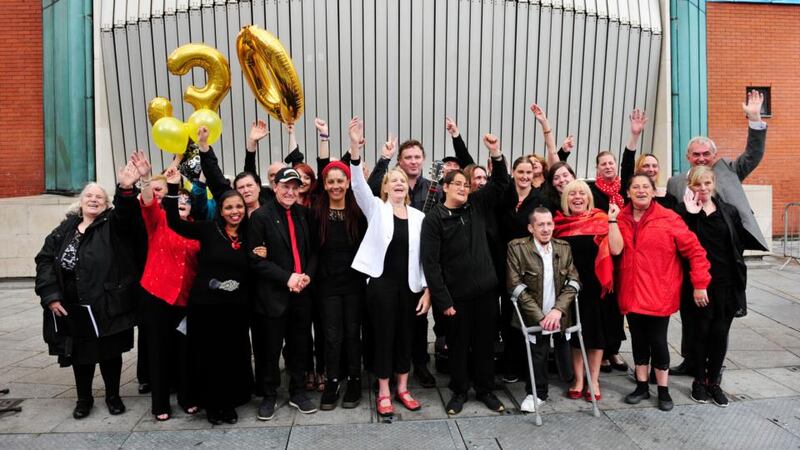 Focus Ireland’s Sr Stanislaus Kennedy with the High Hopes Choir and performers at the concert in Temple Bar. Photograph: Aidan Crawley