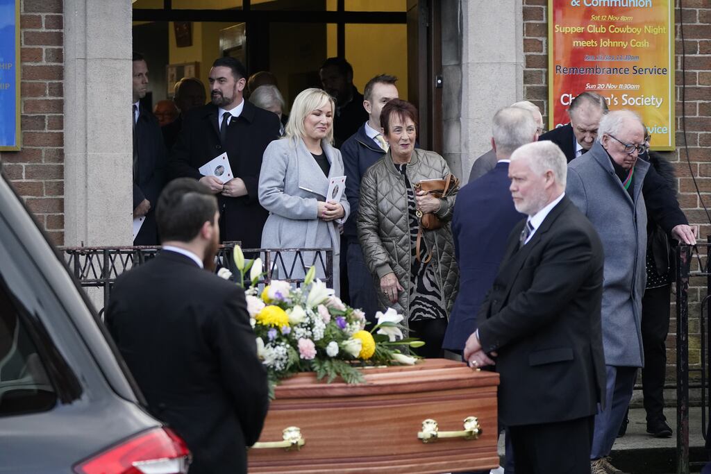 Sinn Féin vice president Michelle O'Neill leaving the funeral of Baroness May Blood at Ballygomartin Presbyterian Church in Belfast. Photograph: Niall Carson/PA Wire