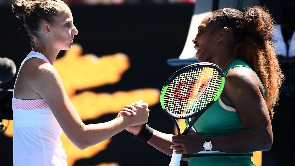 Serena Williams shakes hands with Karolina Pliskova after defeat during their women’s singles quarter-final match on day ten of the Australian Open. Photo: Jewel Samad/Getty Images