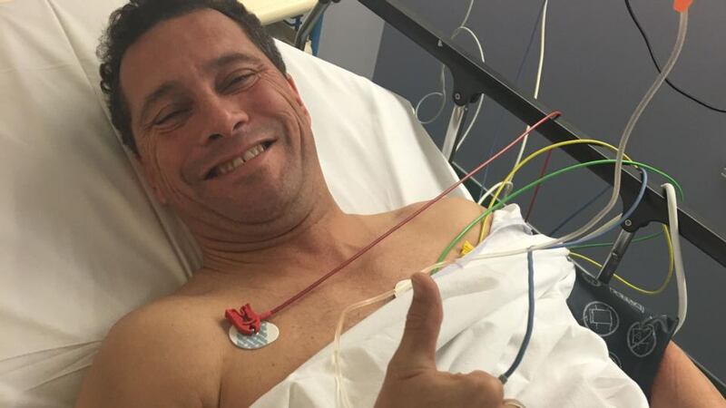 Ukip MEP Steve Woolfe gived a thumbs up from his bed at Hopital De Hautepierre in Strasbourg. Photograph: Ukip/PA Wire