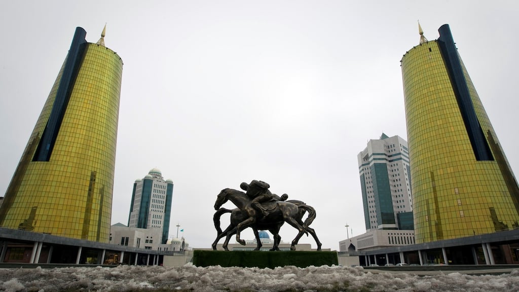 A sculpture in front of the buildings of sovereign wealth fund Samruk-Kazyna in Astana, Kazakhstan. Photograph: Reuters/Shamil Zhumatov