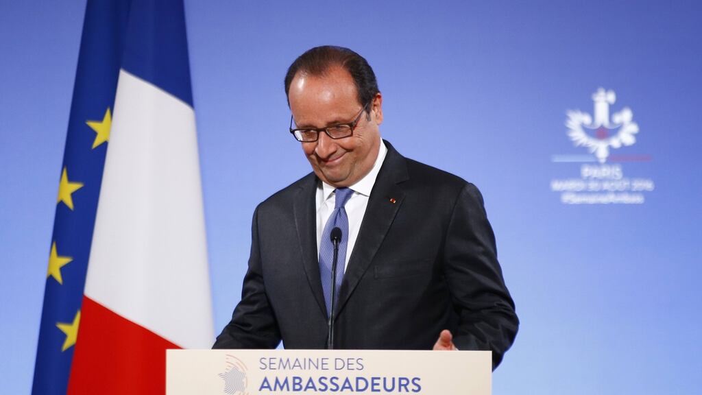 French president François Hollande addresses French ambassadors during a meeting at the Elysee Palace in Paris on Tuesday. Photograph: Francois Mori/Reuters