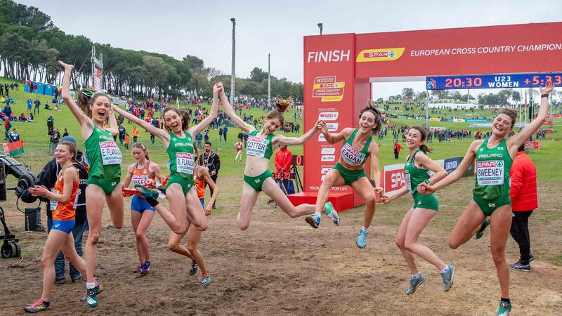The Ireland women’s U-23 team celebrates winning a team medal at the European Cross Country Championships, in Lisbon, Portugal. Photograph: Morgan Treacy/Inpho