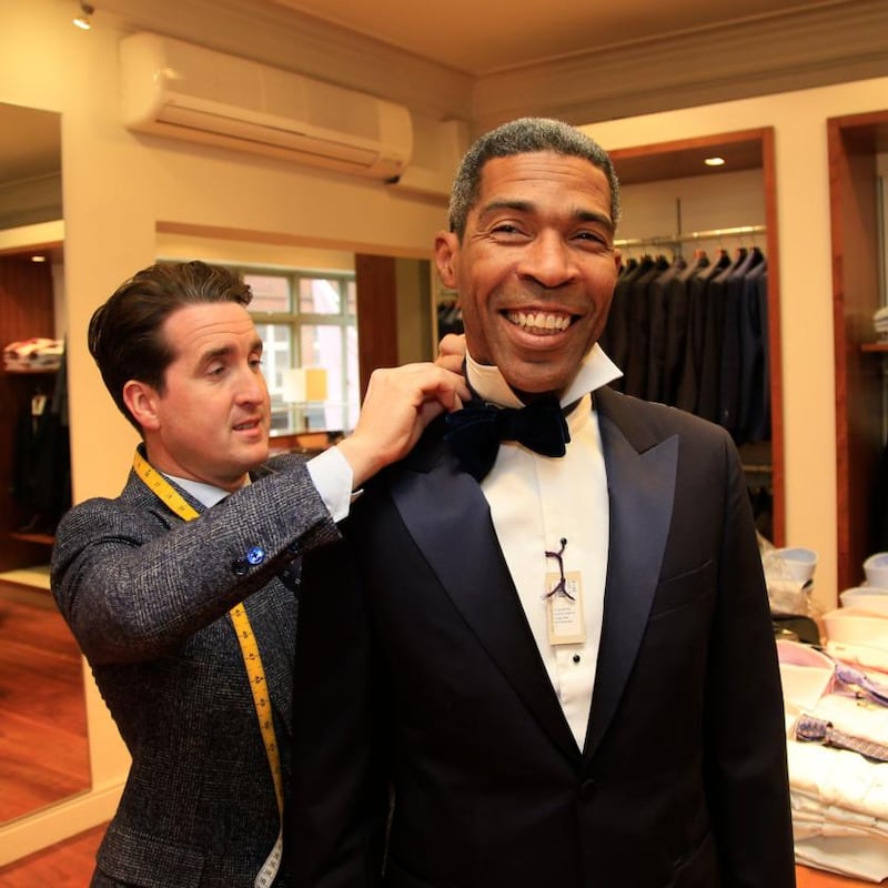 Great Gatsby: Carl Austin being fitted at Louis Copeland. Photograph: Nick Bradshaw