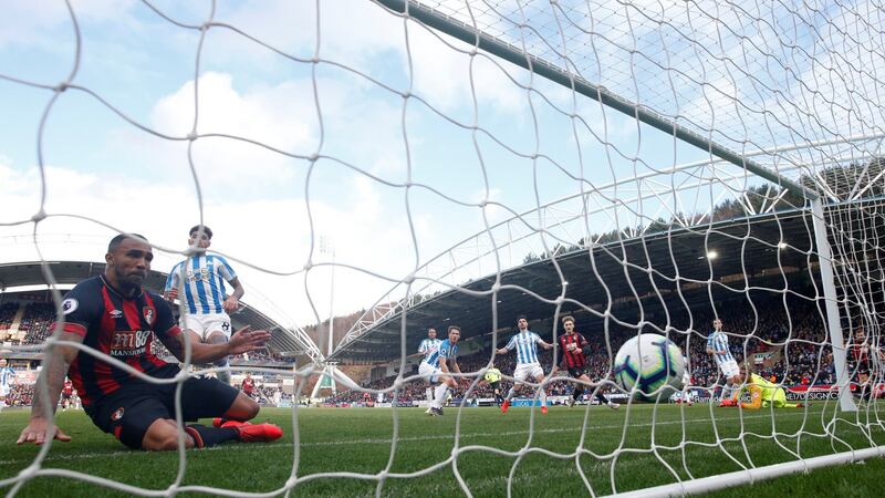Bournemouth’s Callum Wilson scores their first goal. Photogaph: Craig Brough/Reuters