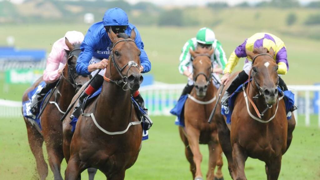Harry Angel ridden by Adam Kirby (left) wins The Darley July Cup at Newmarket. Photograph: Rui Vieira/PA Wire