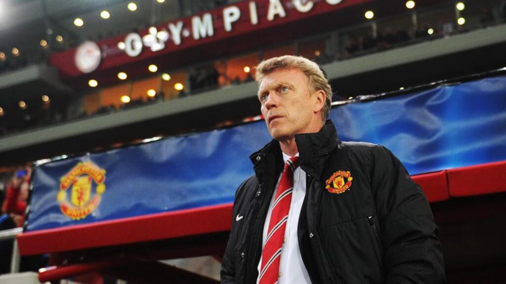 Manchester United manager David Moyes on the sidelines during the Champions League round of 16 first leg game against Olympiacos at Karaiskakis Stadium in Piraeus, Greece. Photograph: Michael Regan/Getty Images