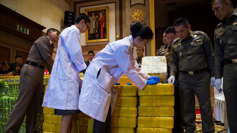 Thai national police inspect seized drugs in Bangkok in 2018. Photograph: Romeo Gacad/AFP via Getty Images