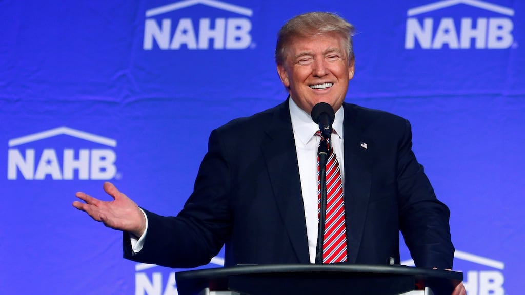 Republican US presidential nominee Donald Trump speaking at a home builders association even in Miami Beach, Florida, on Thursday. He suggested Hillary Clinton would be given “the most valuable player award” by Islamic State. Photograph: Eric Thayer/Reuters