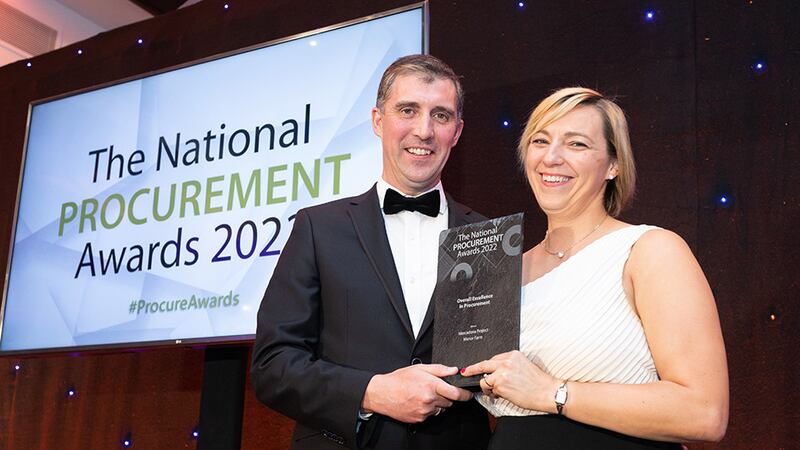 Francis Kehoe, judging co-ordinator, presents the Overall Excellence in Procurement award to Maria Doyle, Manor Farm.