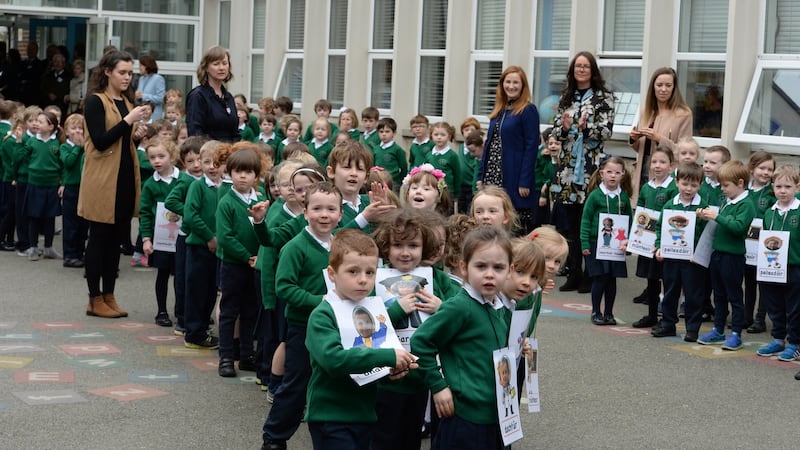 Naíonáin Shóisearacha Scoil Bhríde waiting for President Michael D Higgins during his visit to celebrate the 100th aniversary in Ranelagh. Photograph: Cyril Byrne/The Irish Times