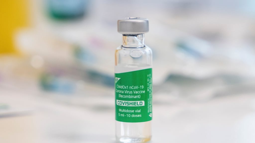 A vial of the AstraZeneca vaccine. Photograph: Kyiv City Council/EPA
