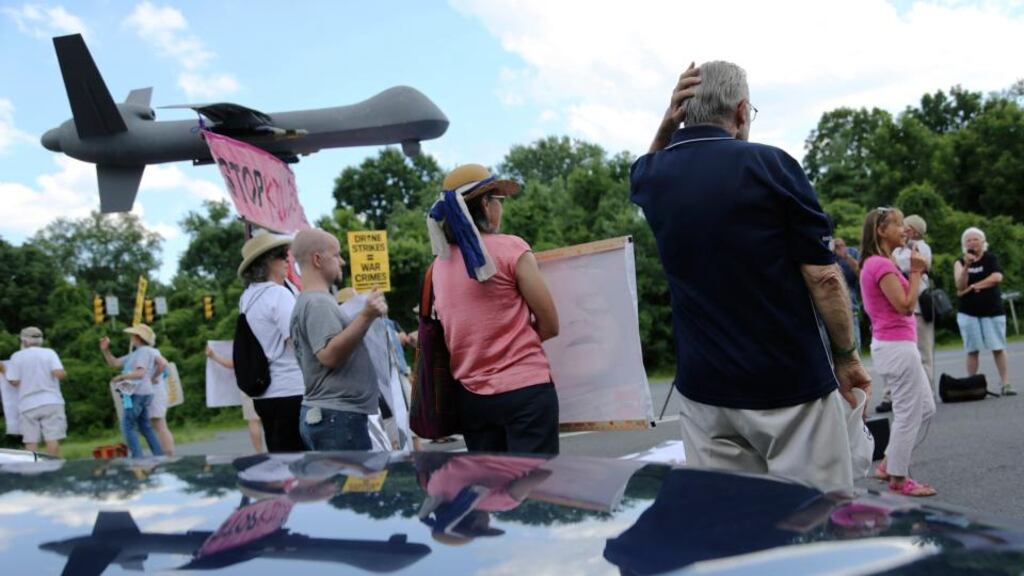 Protesters against drone strikes gather with a model of a drone outside CIA headquarters in Langley, Virginia last week. Photograph: Jonathan Ernst/Reuters.