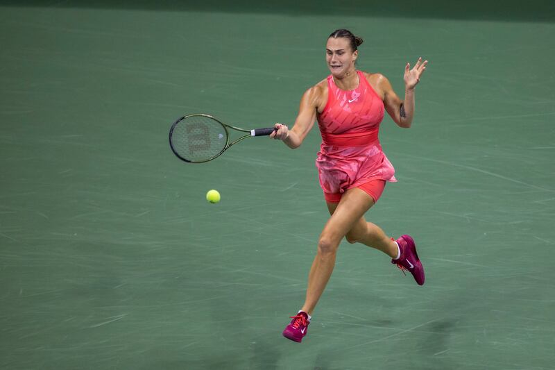 Belarus's Aryna Sabalenka returns the ball to US's Madison Keys. Photograph: Corey Sipkin/AFP via Getty